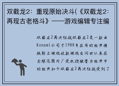 双截龙2：重现原始决斗(《双截龙2：再现古老格斗》——游戏编辑专注编写游戏相关文章)